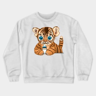 Cute baby tiger holding a bottle of milk Crewneck Sweatshirt